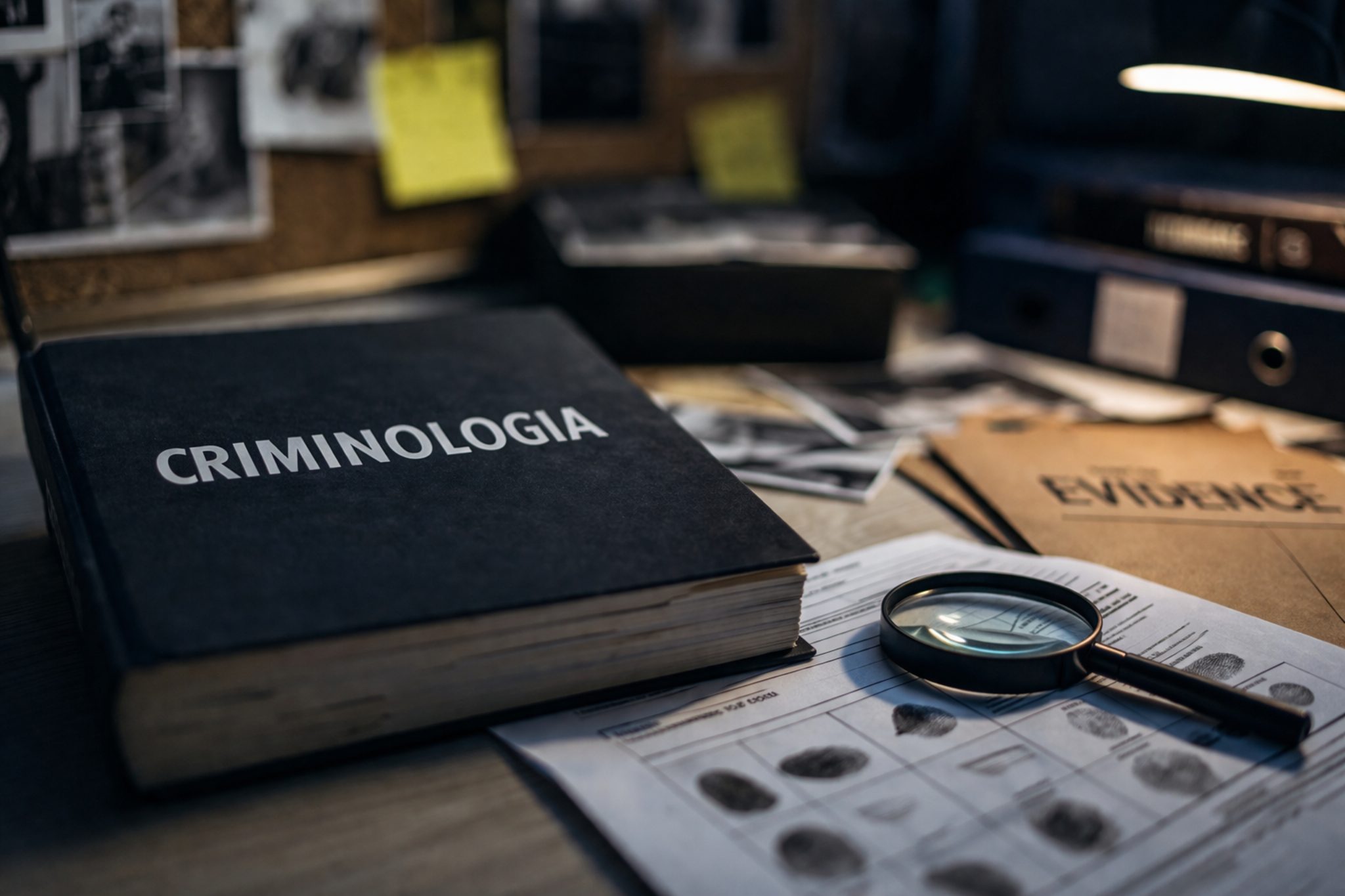 Libro di criminologia e lente d'ingrandimento